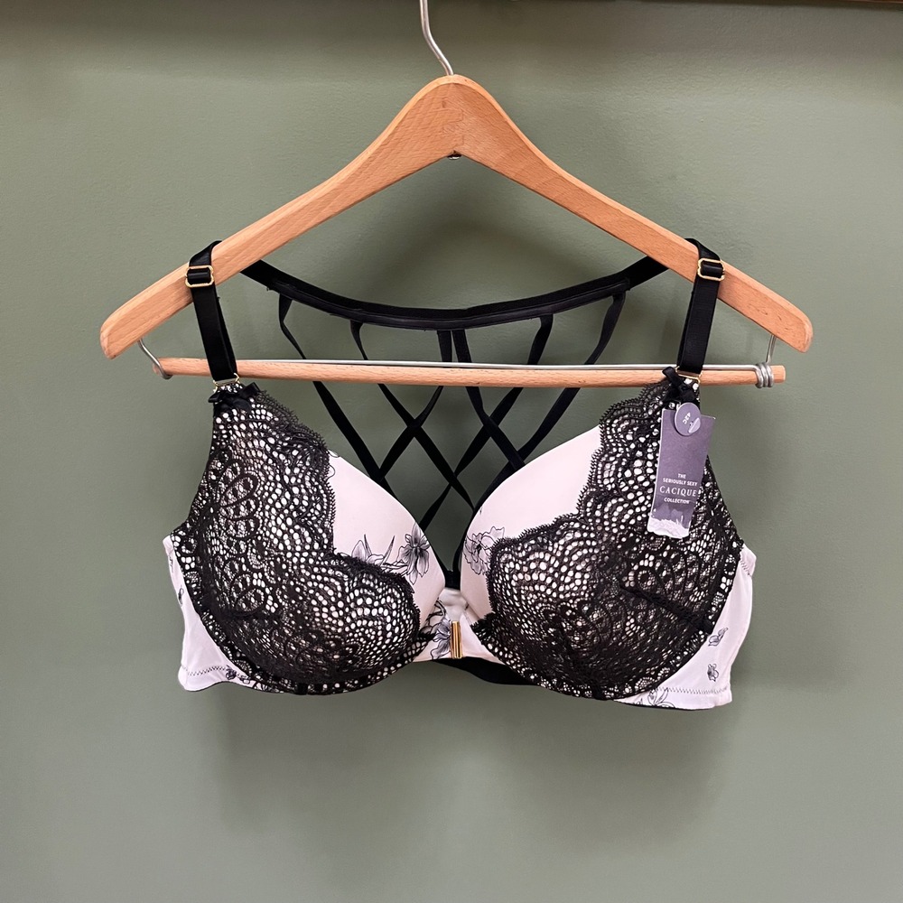 Cacique Seriously Sexy Collection Bra Black Lace Strappy Back Floral Print 42C